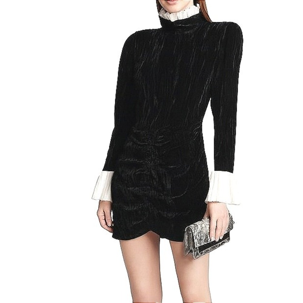 ROTATE Birger Christensen Miki Dress 34 XS Black Iris Velvet Ruched Ruffle Cuffs